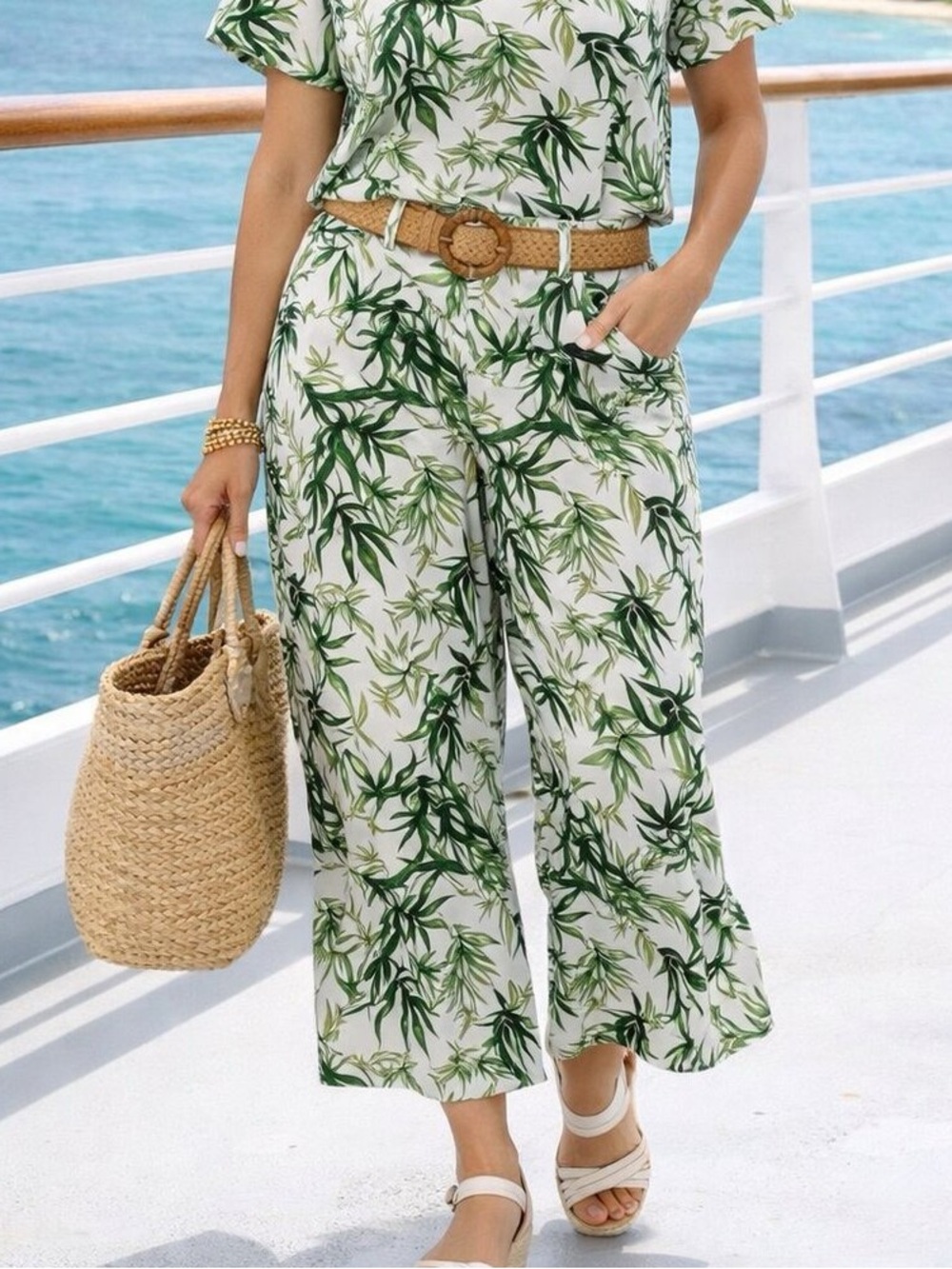 J. Jill Barley Palm Print Linen-Blend Wide Leg Crop Pants Beige GreenLeaf SP NWT - Picture 16 of 16